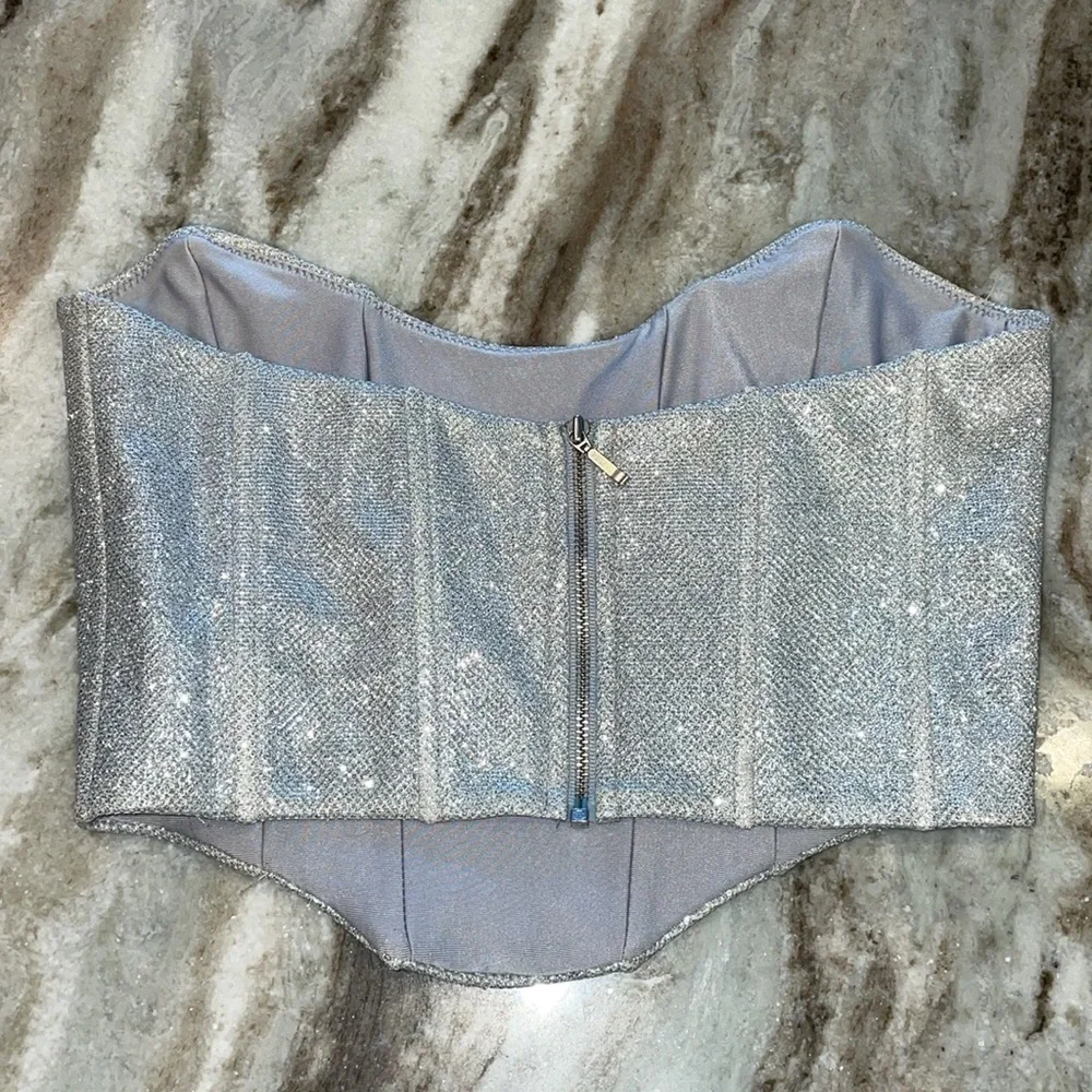 white fox silver glitter shine bright bustier strapless crop top - Picture 5 of 6